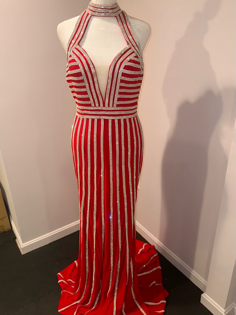 Jovani Red Halter Gown with Silver Stripe Detail